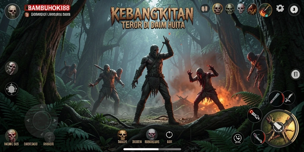 Screenshot gameplay BAMBUHOKI88 yang menampilkan suasana mencekam di hutan.
