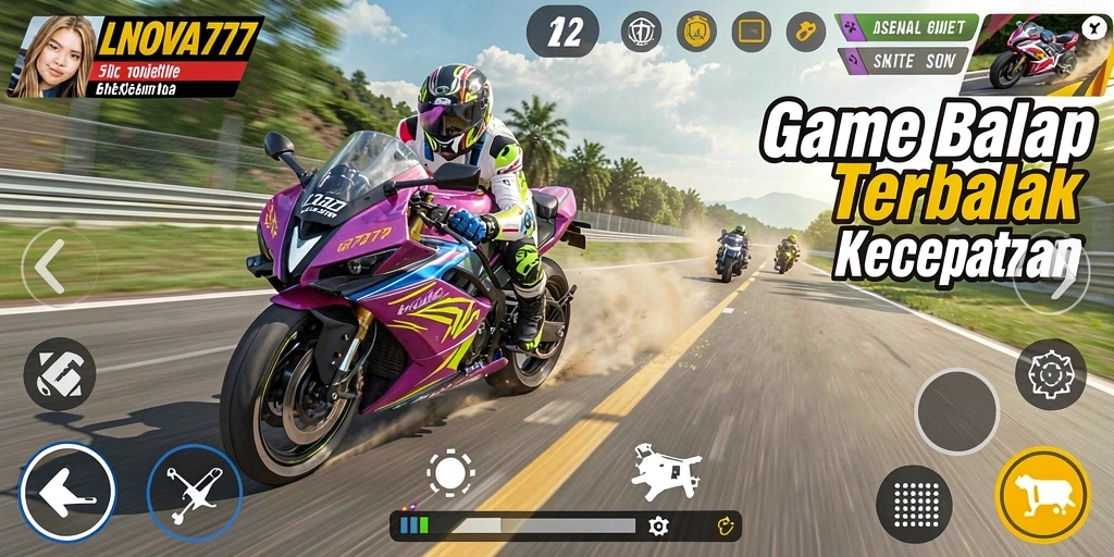 Screenshot gameplay LNOVA777 menampilkan balapan motor yang mendebarkan.