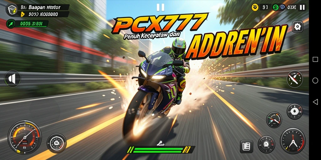 Screenshot utama PCX777 dengan tampilan balapan cepat dan seru.